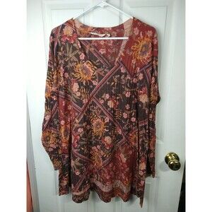 Soft Surroundings Woman L Knit Tunic Blouse Floral LS Patchwork Hippie Retro